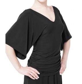 GB black Ballroom latin dance V-neck shirts for women girls tango foxtrot Large loose sleeves Pleated sides slim modern waltz dance practice tops for woman